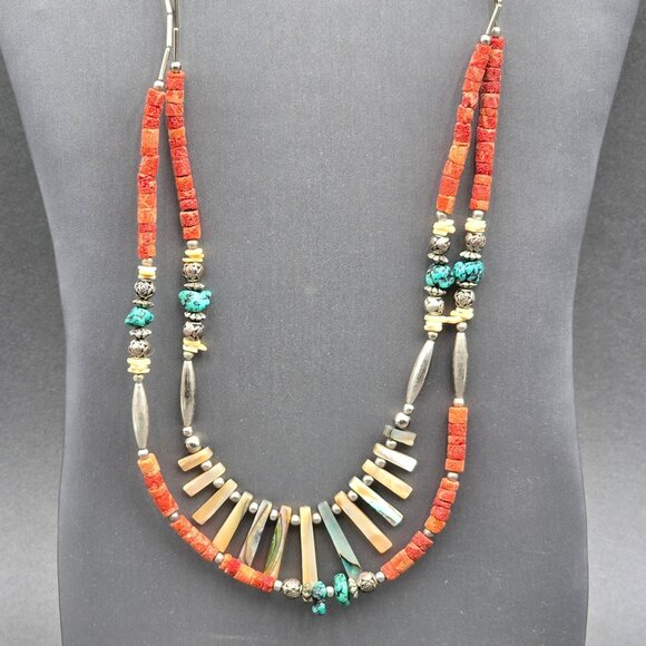 Estate Jewelry - Vintage Southwestern Abalone Shell Turquoise Coral Heishi Necklace 24" Layered